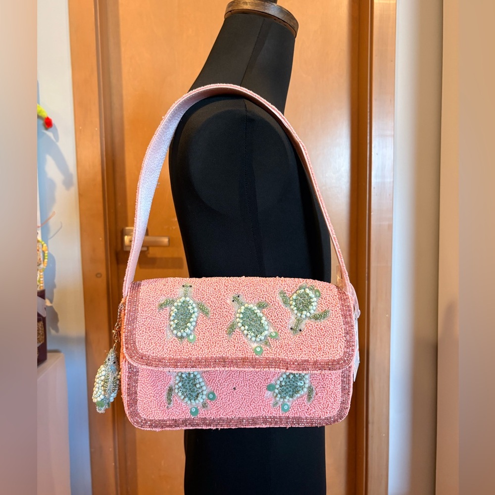 Pink Beaded Turtle Shoulder Bag